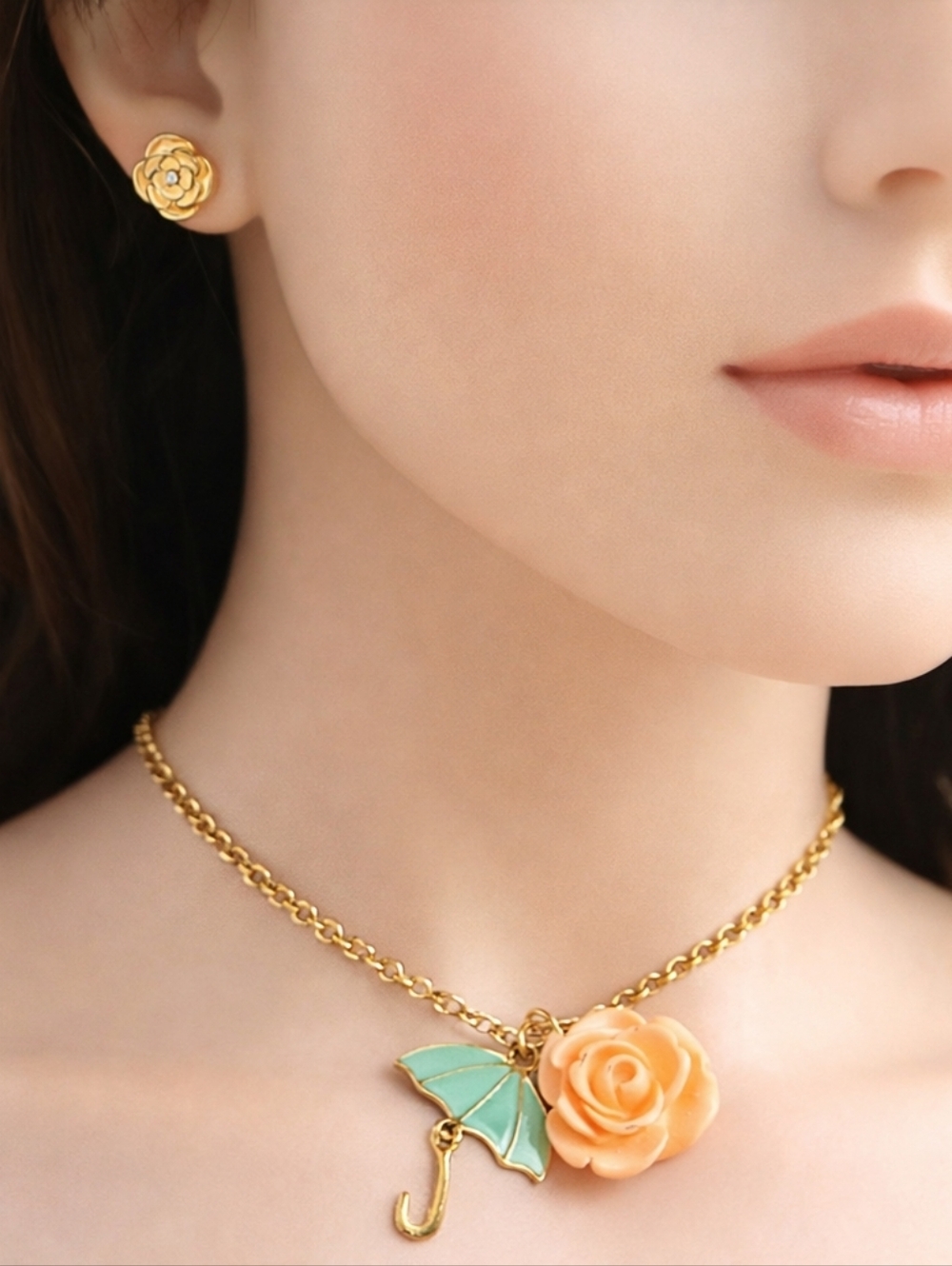 Gold Tone Umbrella Flower Charm Necklace Pendant & Flower Stud Earrings Women's